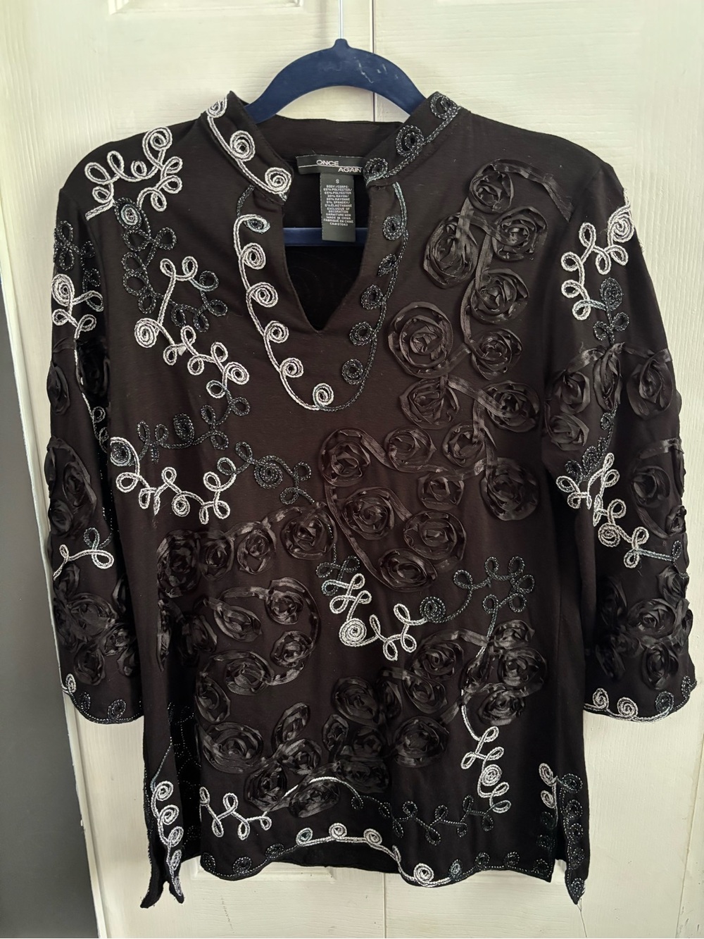 Embroidered Black Women's Top with Rosette Detail